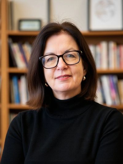 A woman dressed in black with modern black rimmed glasses and a slight smile, standing in a  library