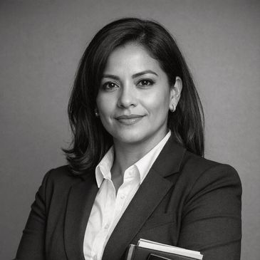Confident professional woman in suit holding a book, posing for a portrait.