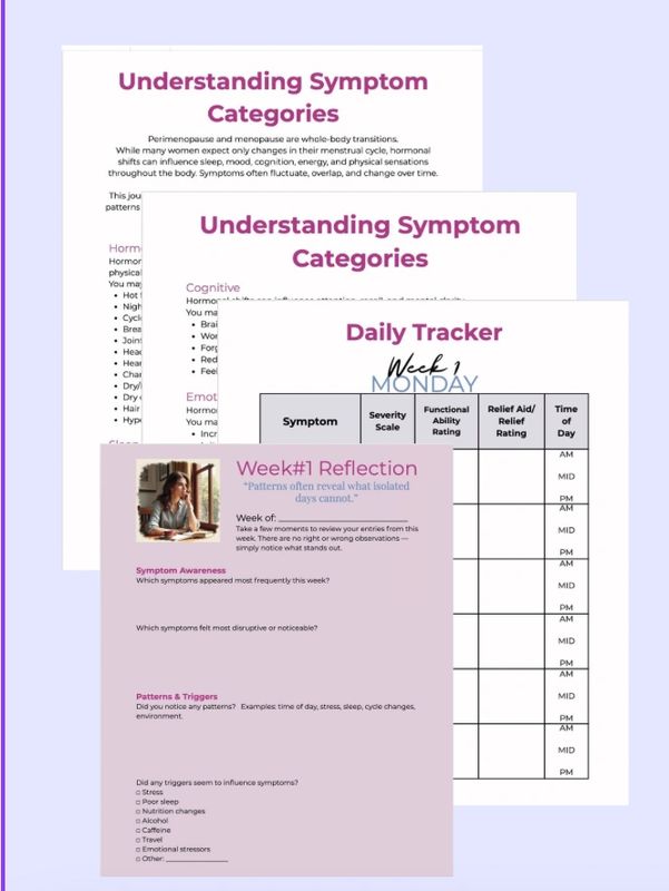 Printable guides and trackers for understanding and reflecting on menopause symptoms.