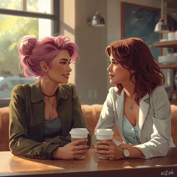 Two women smiling and chatting over coffee in a cozy cafe.