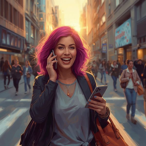 Smiling woman with pink hair talks on phone amidst city street bustle at sunset.