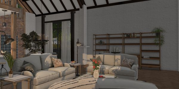 Cozy living room with beige sofas and soft natural light.