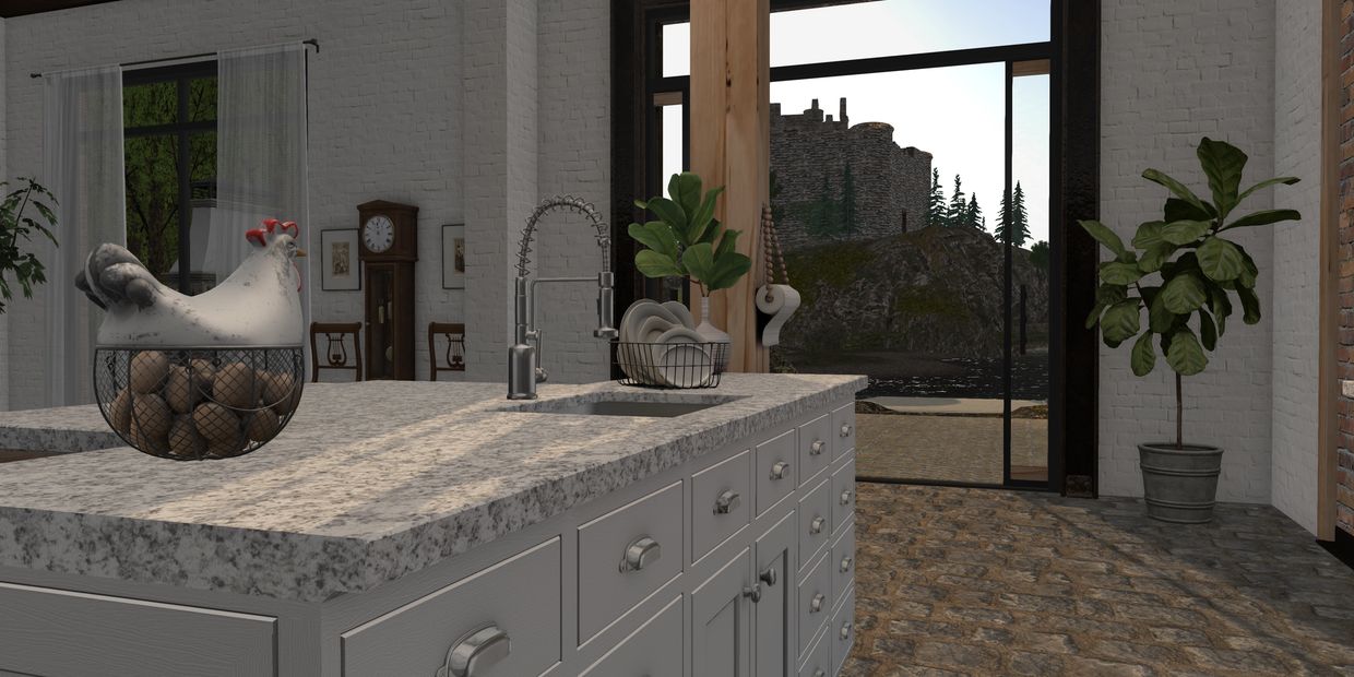 Modern kitchen island with eggs, plates, and a view of a castle through large windows.
