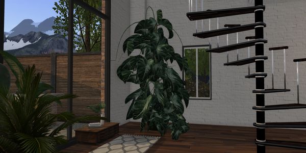Modern interior with large plant, spiral staircase, and mountain view through windows.