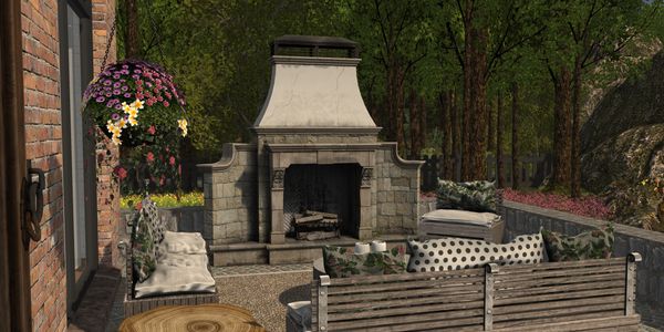 Cozy outdoor patio with stone fireplace and cushioned seating surrounded by nature.