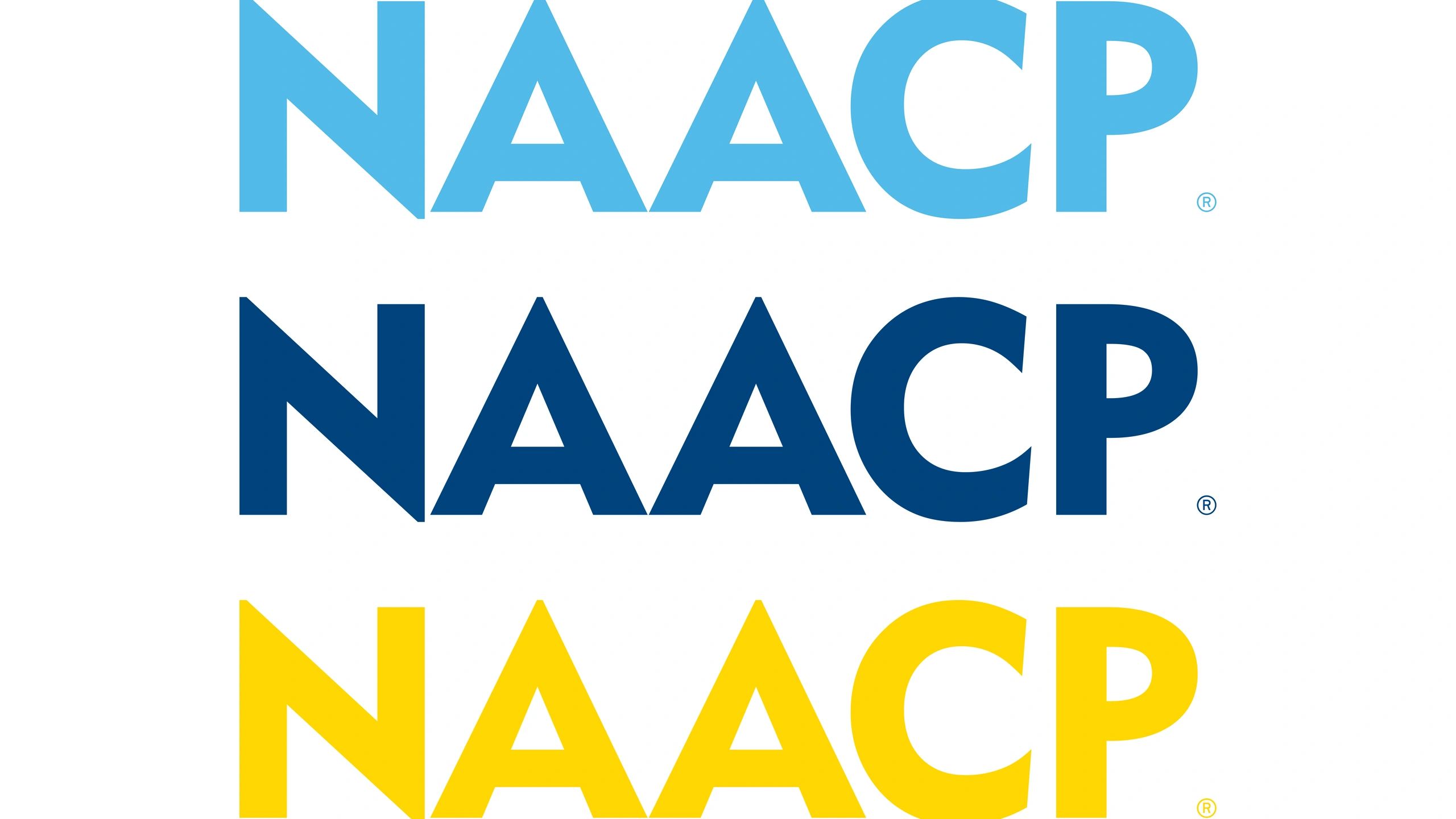 Three variations of the NAACP logo in blue, dark blue, and yellow colors.