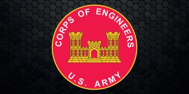 Emblem of the U.S. Army Corps of Engineers on a hexagonal patterned background.