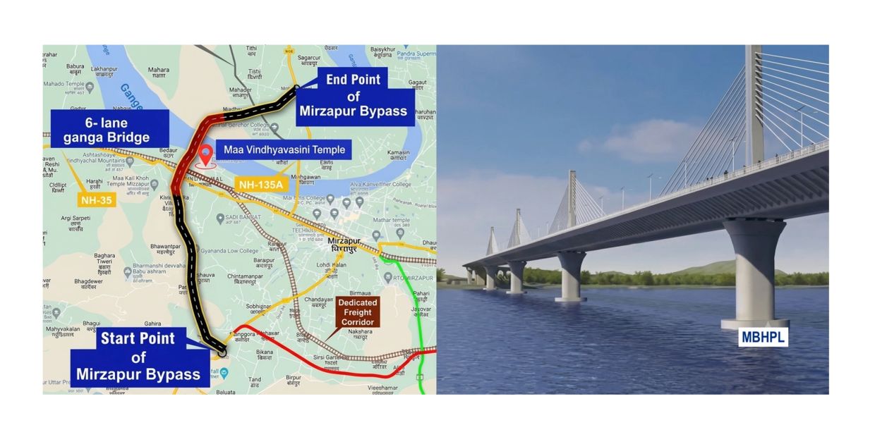 Map and digital image of Mirzapur Bypass and 6-lane Ganga Bridge.