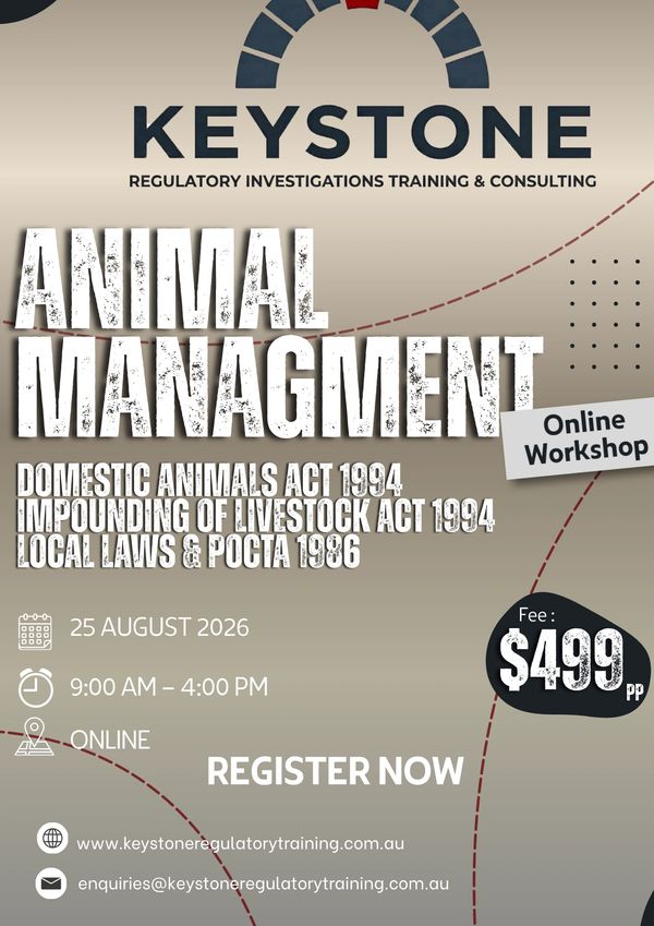 Online workshop on Animal Management by Keystone, covering laws and regulations, on 25 August 2026.