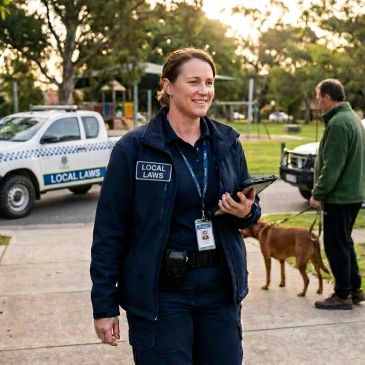 Female local laws officer smiling outdoors with patrol vehicles and a man with dog in background.