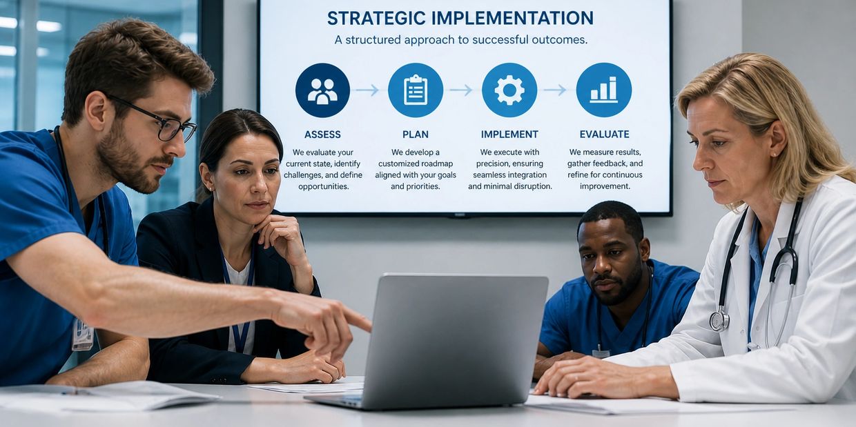 Medical professionals and a businesswoman discuss strategic implementation in a meeting.