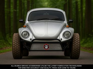 Front view of a silver vintage off-road car with honeycomb tires in a forest.