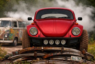Red vintage car with oversized tires and fog in the background.
