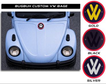 Custom VW badge options displayed on a classic blue Volkswagen Beetle.