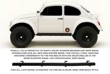 White custom VW Baja Bug with large off-road tires and side rocker bars.