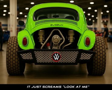 Bright green customized car with wide tires and exposed engine at an indoor show.