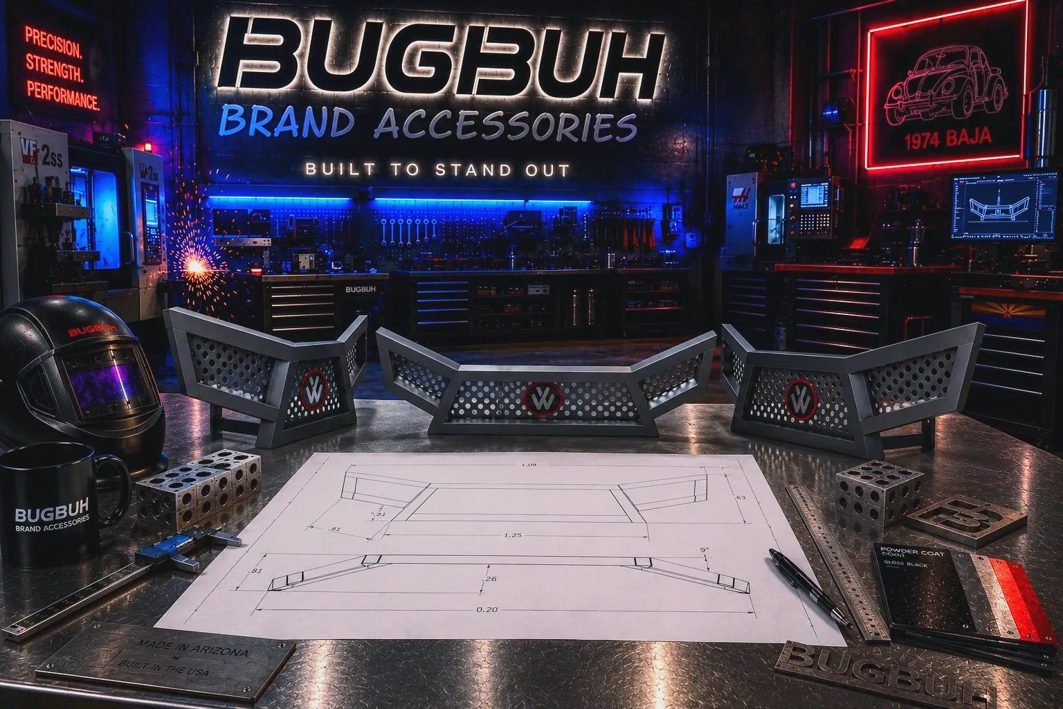 A workshop showcasing BUGBUH Brand Accessories with three Bigster Rally Bumpers.