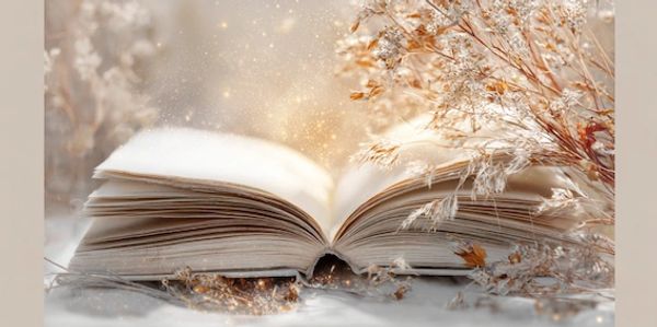 Open book with glowing pages surrounded by delicate dried flowers.