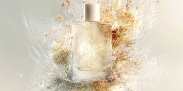 Elegant perfume bottle surrounded by soft, dried floral arrangement.