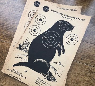 Vintage woodchuck groundhog shooting targets on a wooden surface.