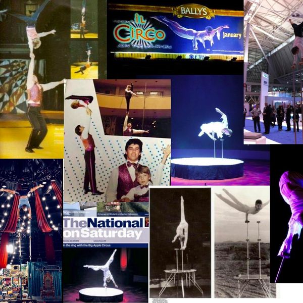 Collage of hand-balancing acrobats performing in various settings.