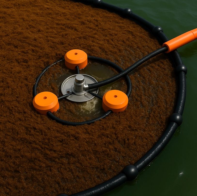 Aquaculture equipment in water with orange floats and circular mesh.