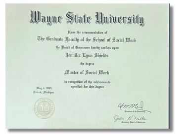 Master of Social Work Diploma from Wayne State University.