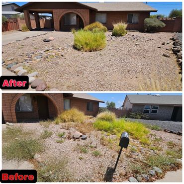 Before and after images of a cleaned and weeded front yard of a brick house.