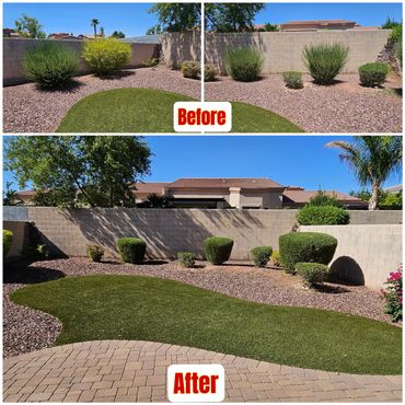 Before and after photos of a backyard landscaping with trimmed bushes and cleaner appearance.