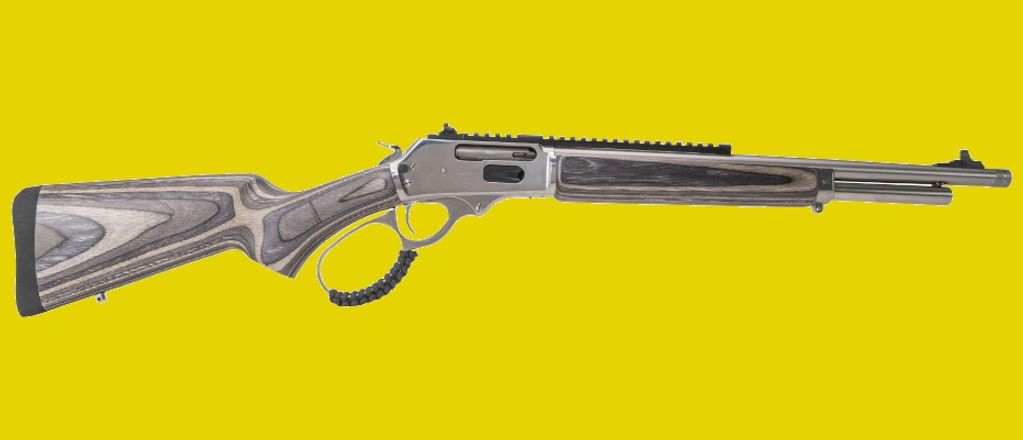 Rossi R95 Stsinless laminate .444 Marlin, 18” threaded bbl., large loop, 5-shot. SKU: 950444189LW