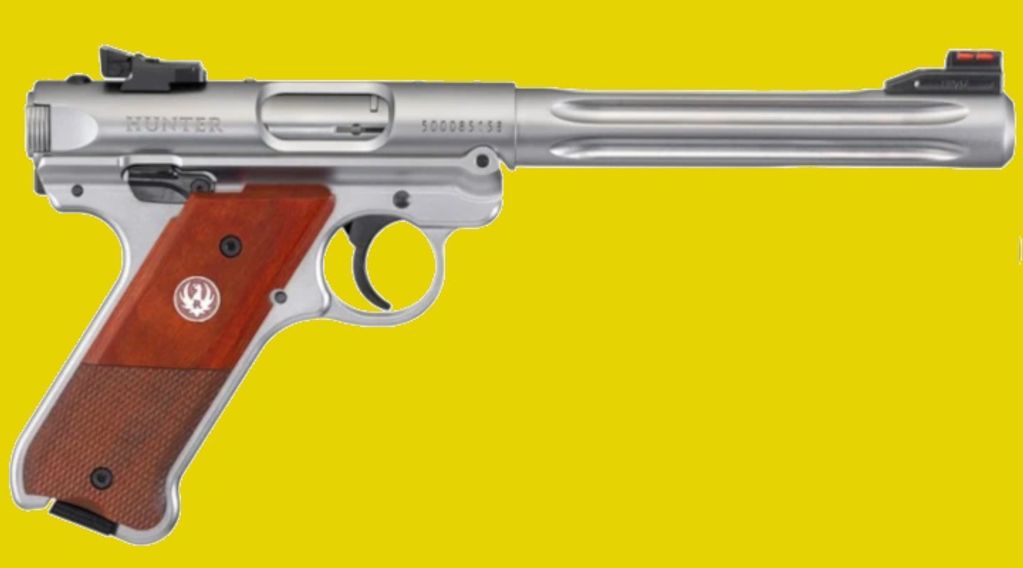 Ruger MK IV Hunter .22 LR, 6.8” fluted stainless bbl., FO sight, walnut grips. SKU: 40118