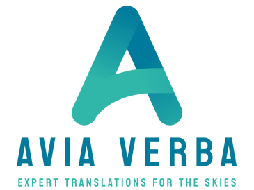 Logo of Avia Verba with tagline expert translations for the skies.