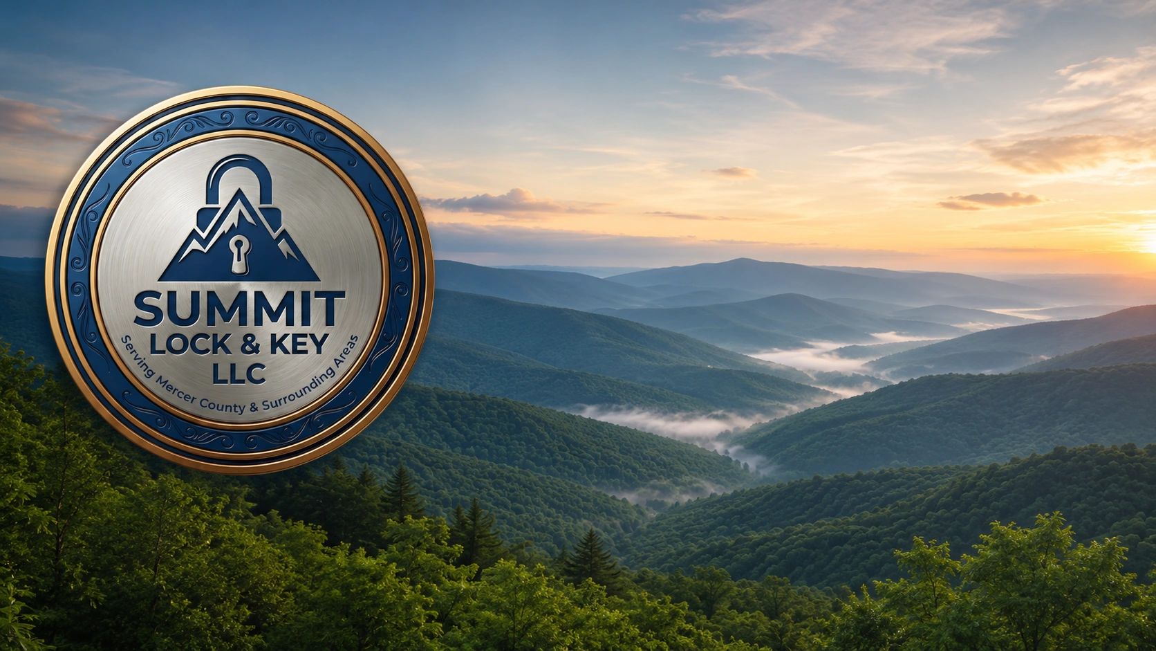 Summit Lock & Key LLC logo overlooking the misty Blue Ridge Mountains of West Virginia at sunrise.