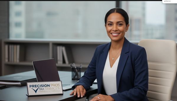 Professional woman smiling confidently in an office setting with a Precision Pros Tax Services sign.