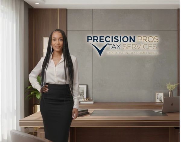 Professional woman standing confidently in a modern office with Precision Pros Tax Services sign.