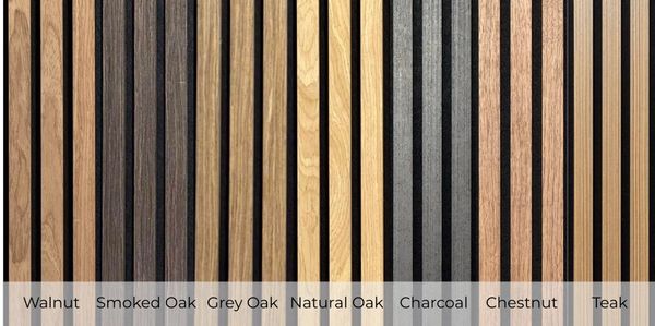Acoustic Wall Panel colours: Walnut, Smoked Oak, Grey Oak, Natural Oak, Charcoal, Chestnut & Teak