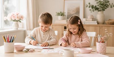 Two children drawing at a table, happy and focused.