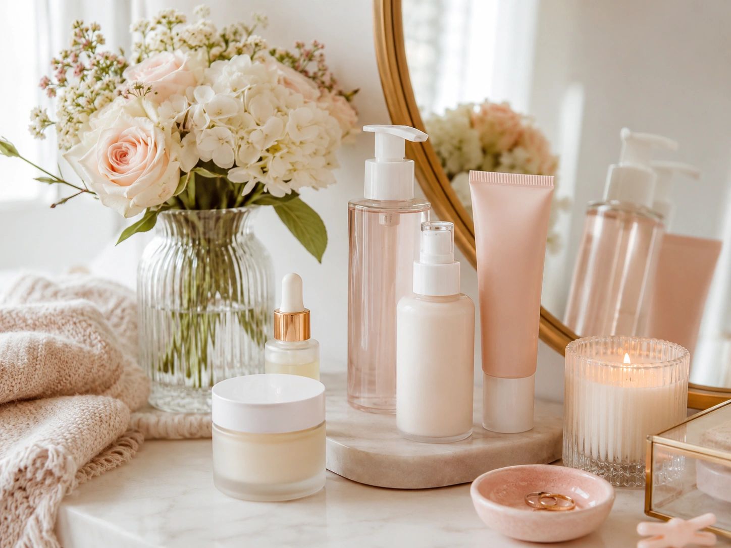 Skincare products with flowers and candle on a marble surface.