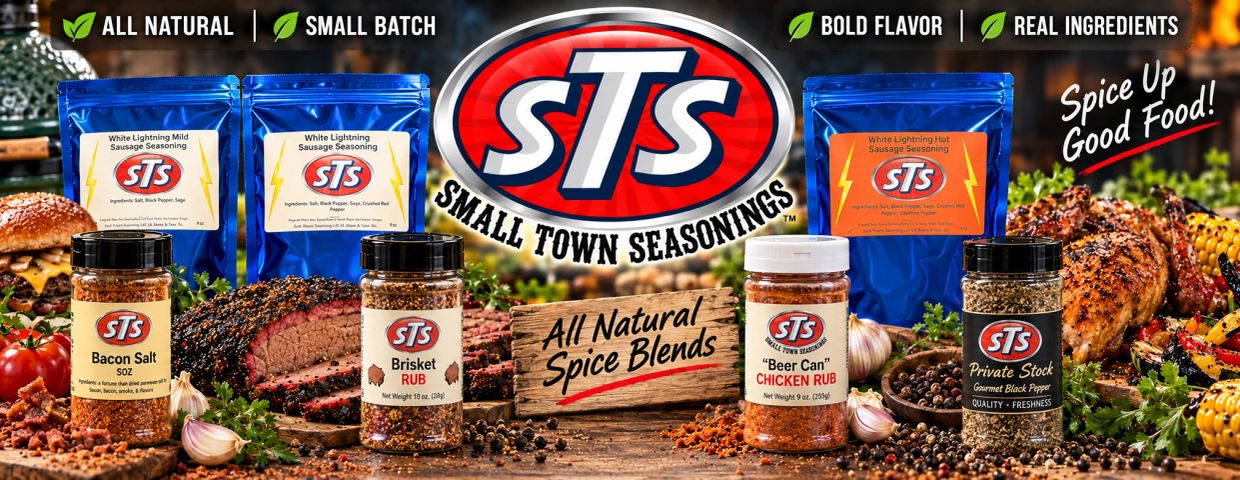 Various STS spice blends and seasonings displayed with grilled food.