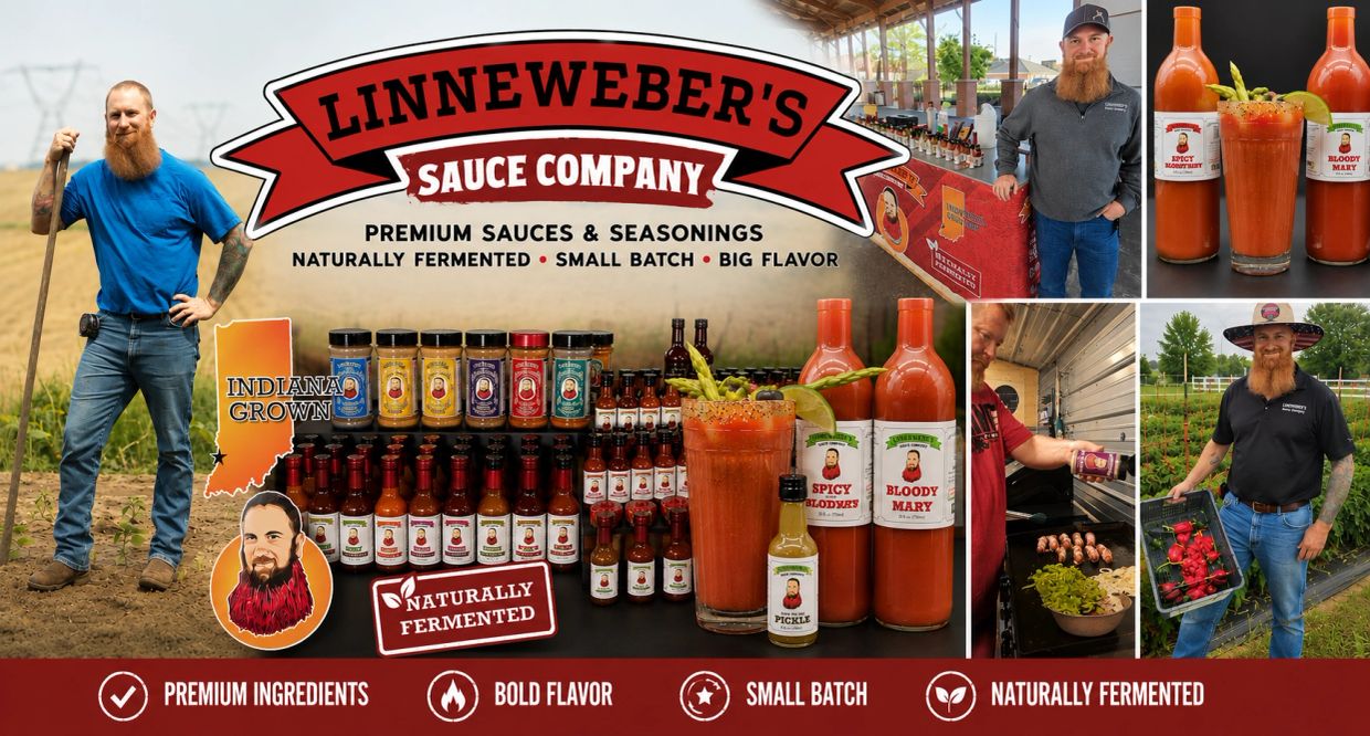 Collage showcasing Linneweber's Sauce Company products and founder in farm and market settings.