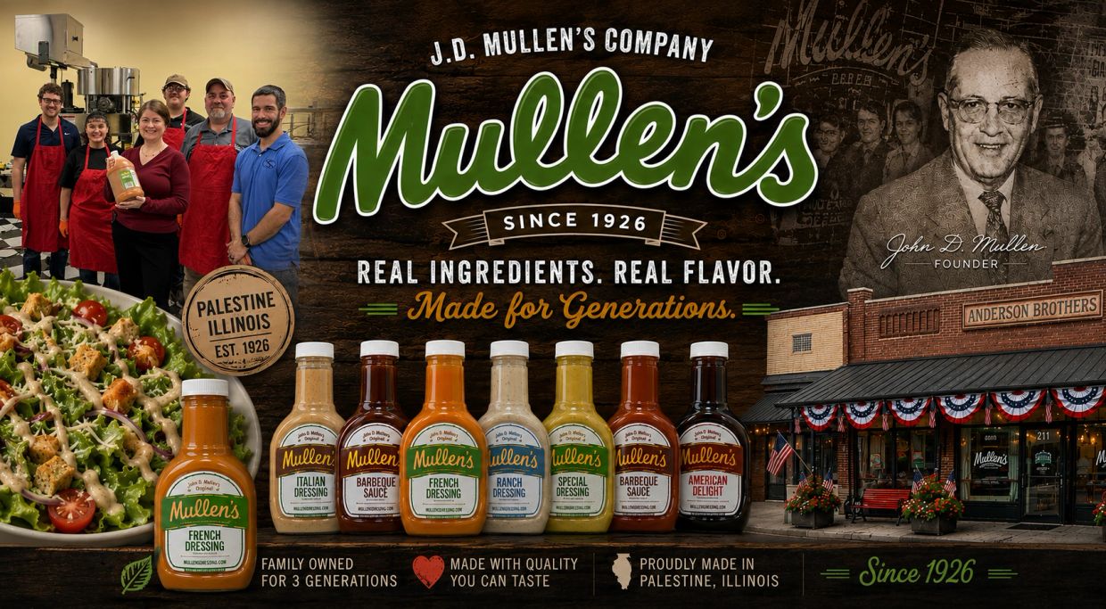Mullen's company showcasing dressings and sauces since 1926 from Palestine, Illinois.