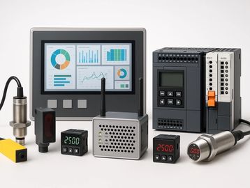 Industrial automation equipment featuring control panels, sensors, PLCs, monitoring devices.
