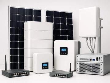 Renewable energy and telecommunications equipment featuring solar panels, battery storage systems