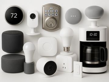 Smart home drvices, smart thermostat, security cameras, door locks, voice assistants