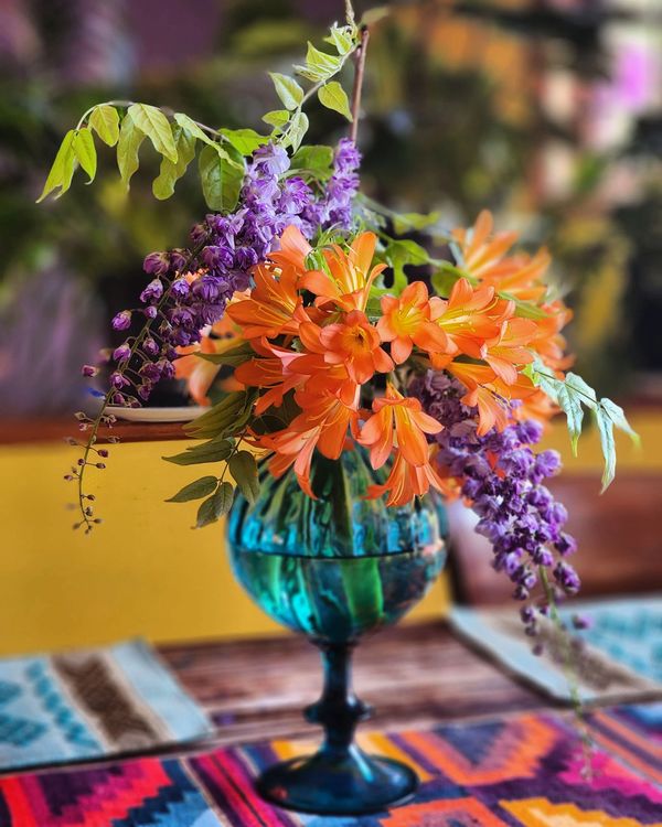 Orange agapanthus flowers and purple wisteria in a turquoise glass vase