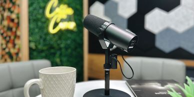 Décor de studio avec table a café, microphone et plantes.