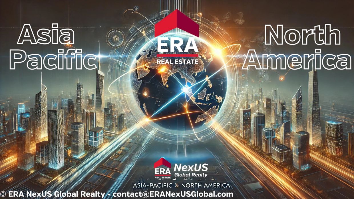 Futuristic cityscape with ERA Real Estate logo highlighting Asia-Pacific and North America.