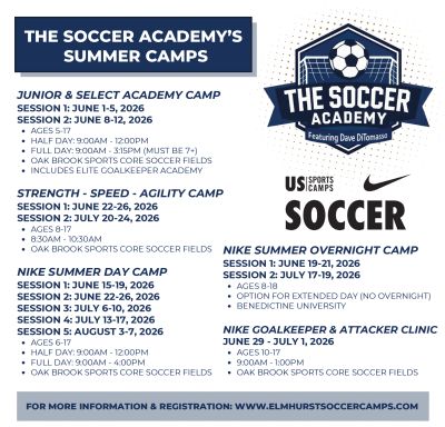 Flyer for The Soccer Academy's 2026 summer camps with various sessions and age groups.