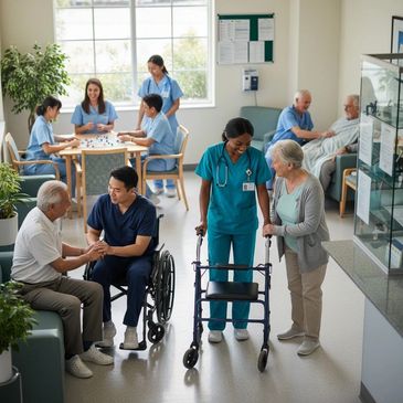 Healthcare workers assist elderly patients in a bright, welcoming nursing facility.