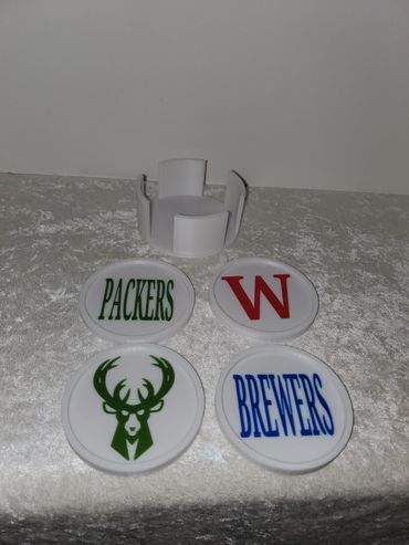 Team themed coaster set with holder and storage box.